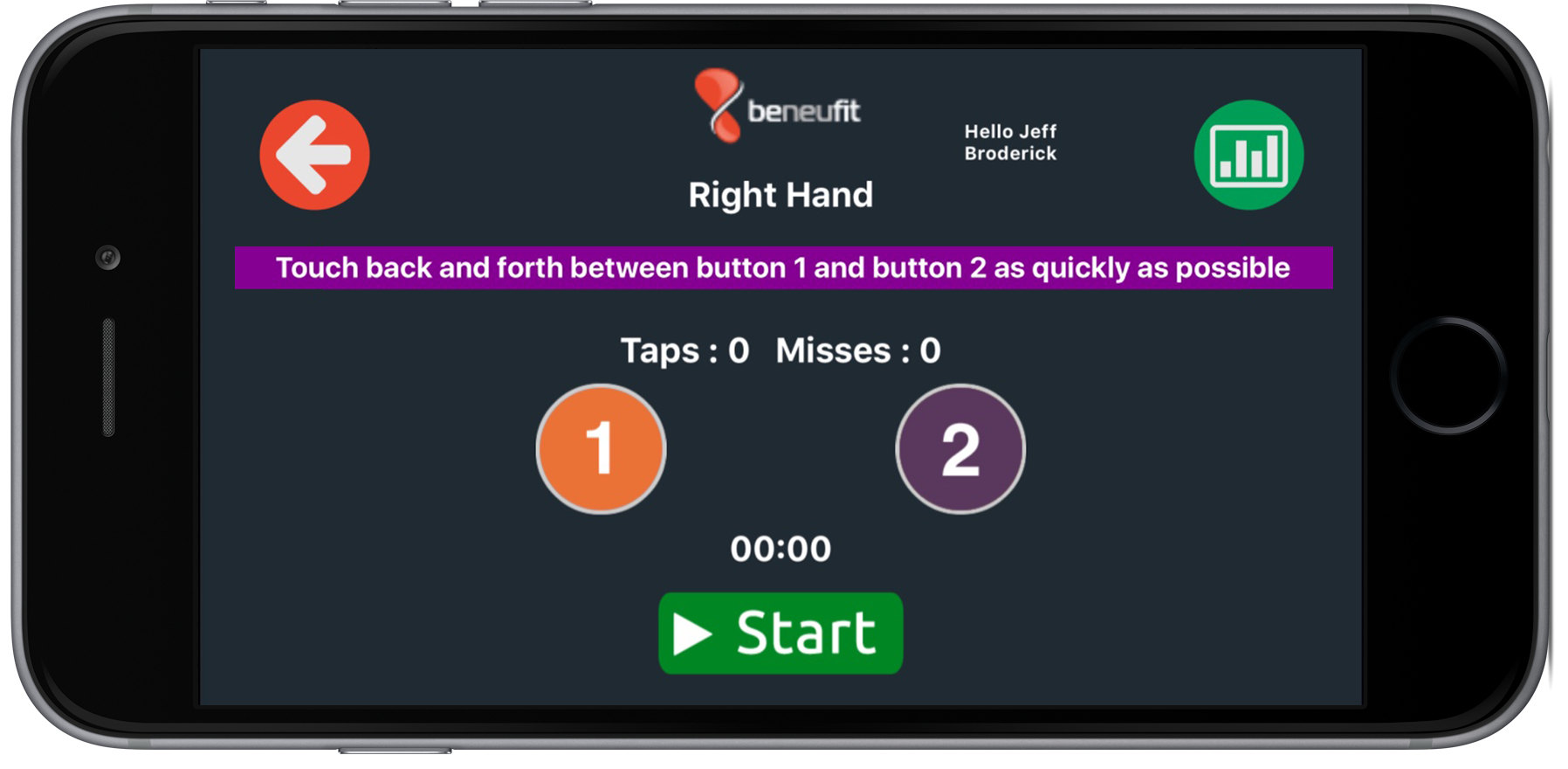 Figure 5. pdFIT™ circleTap finger tapping test interface with tap buttons 1 and 2.